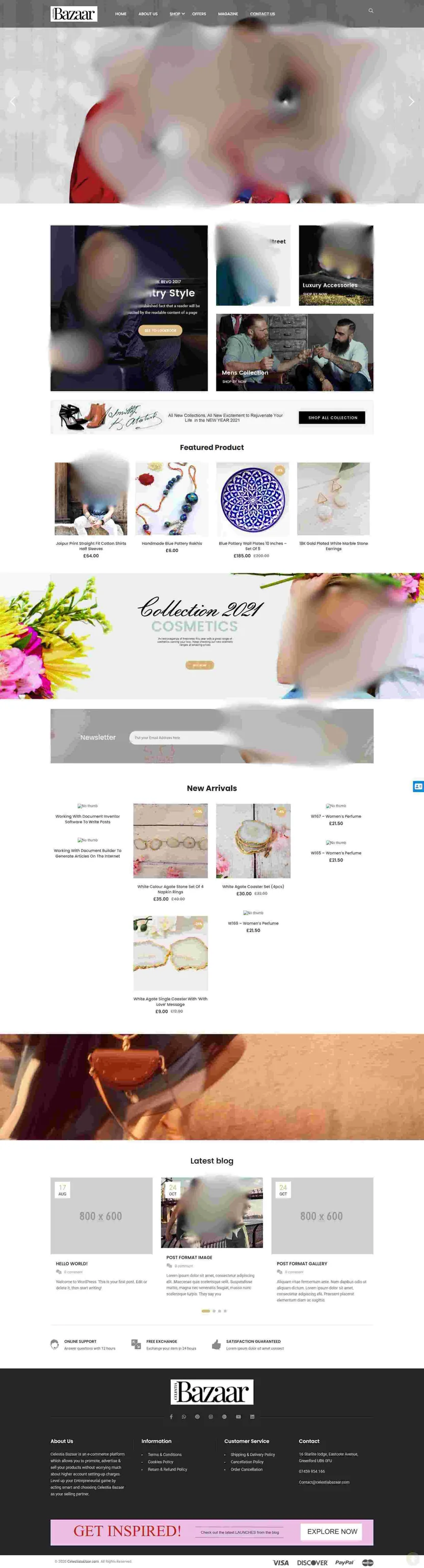 Bazar online store designed by ElySpace, showing the product grid, category navigation and cart on the home page