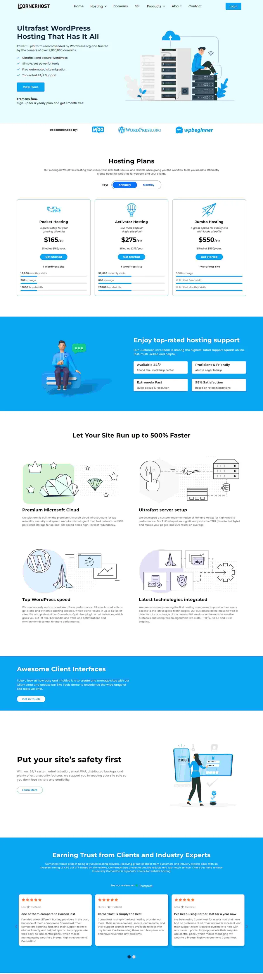 Corner Host web hosting platform designed by ElySpace, showing hosting plans, feature comparison and signup flow