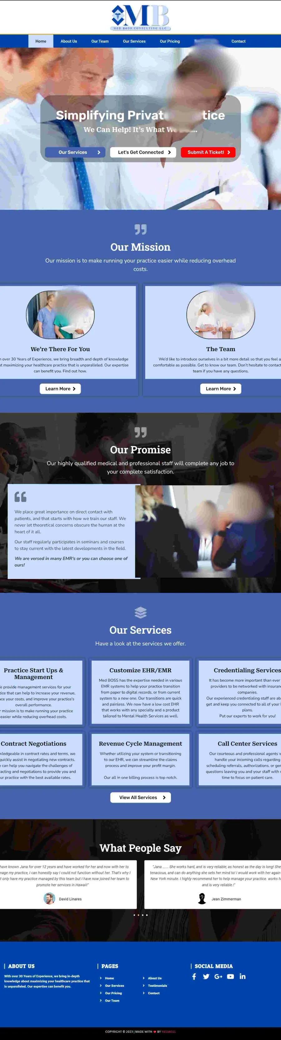 Med Boss medical consulting website designed by ElySpace, showing services, consultant profiles and an appointment section