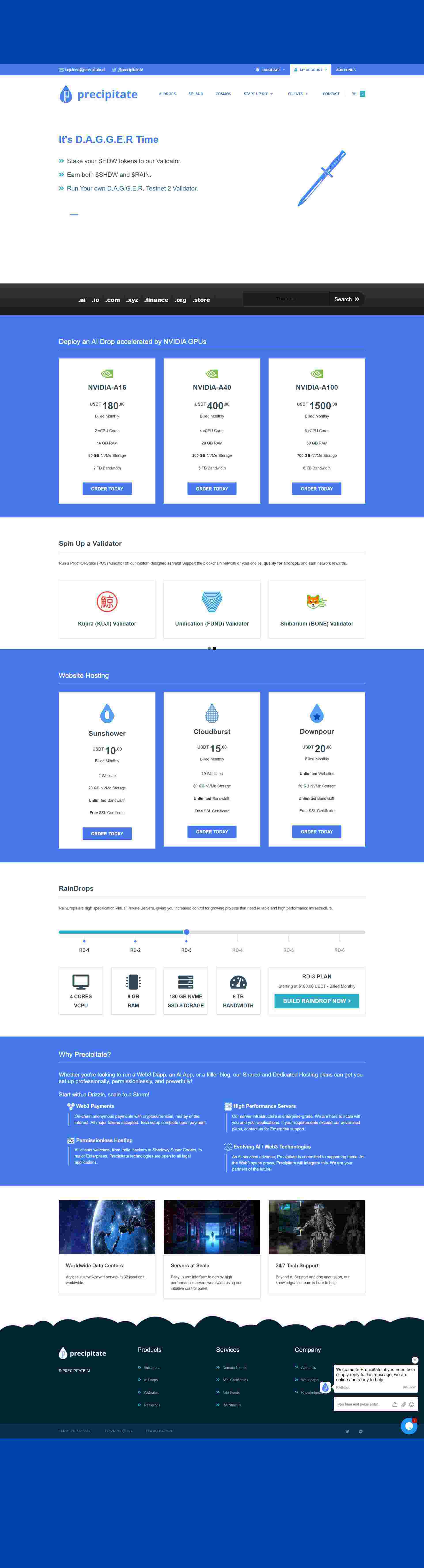 Preview of  Precipitate's WHMCS website with a focus on hosting services and user interface 